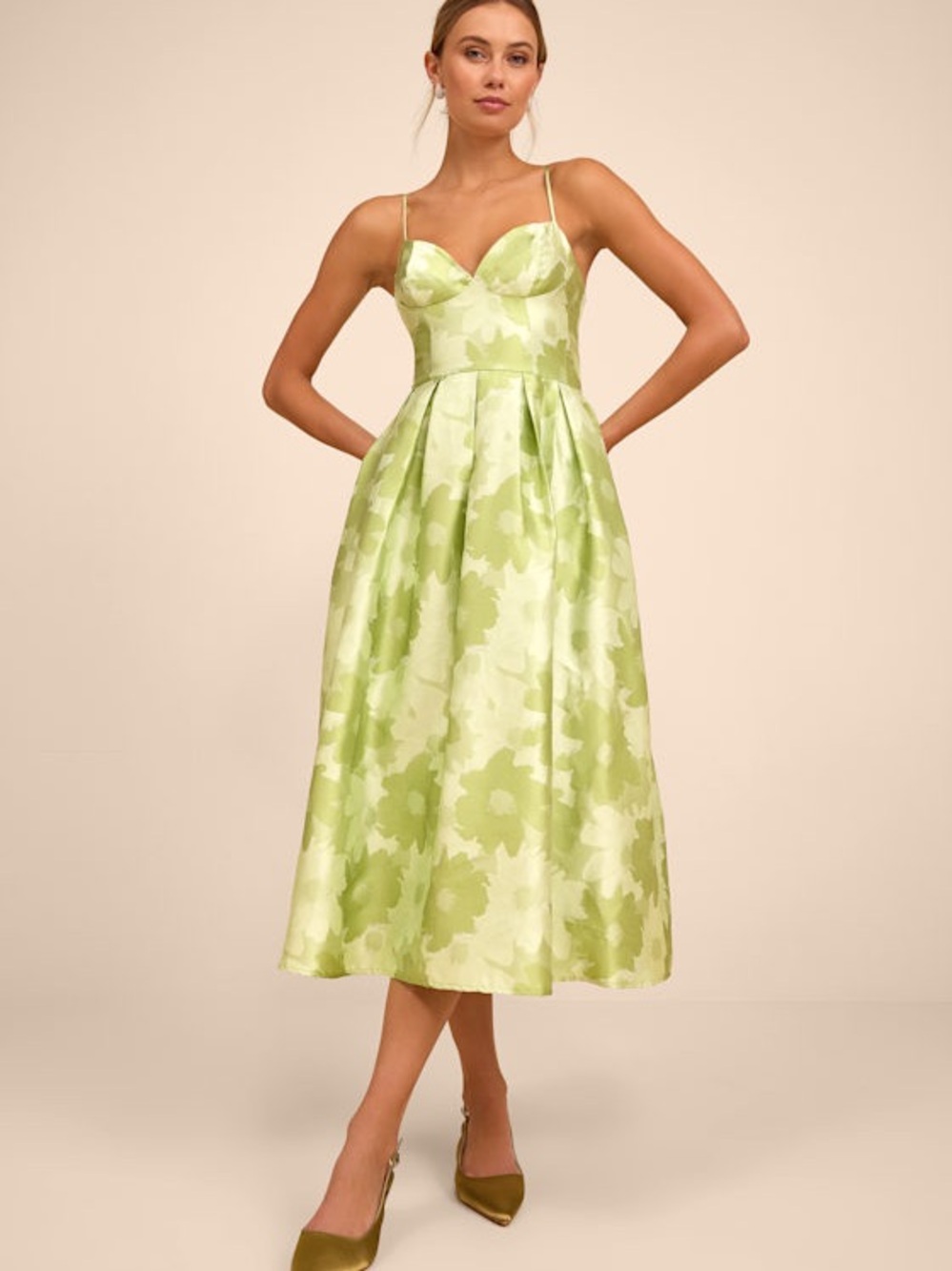 Lulu's Lime Green Floral Jacquard Midi Dress